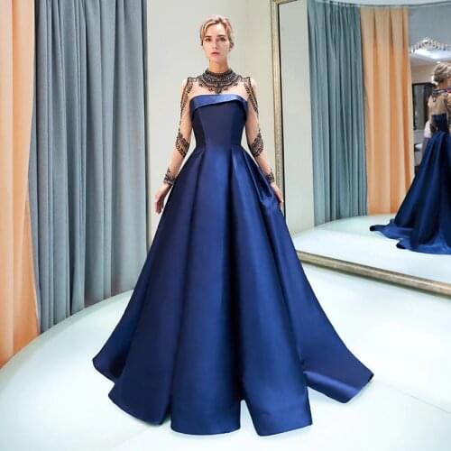 High Neck Burgundy Navy Blue Princess Prom Party Gowns Long Sleeves Illusion Bodice A-line Satin Long Dresses For Prom Party