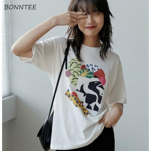 T-shirts Women Summer Short Sleeve Geometric Pattern Simple O-neck Comfortable Office Street All-match Basic Clothing Female Ins