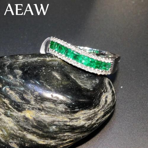 AEAW Colombian Green Emerald Princess Lab created Gemstone Solitaire with Moissanite Enagement Ring 14k White Gold Fine Ring