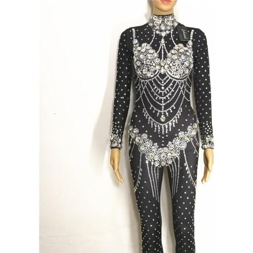 Crystals Costumes Female Bar DJ jazz Performance clothes Rhine stones Leotard jumpsuit Club Party celebration show stage Rompers