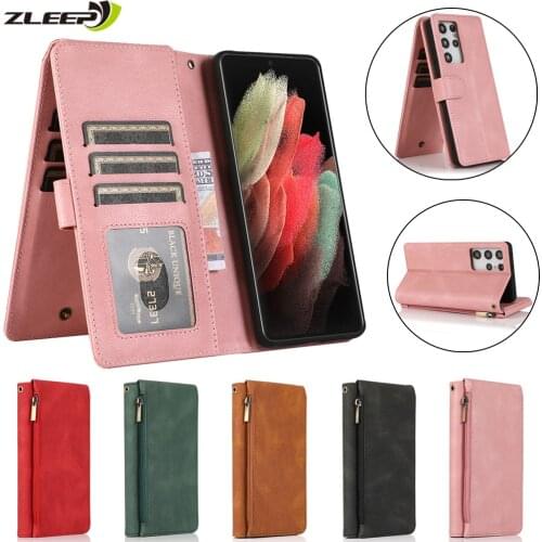 Zipper Wallet Leather Case For Samsung Galaxy S21 S20 FE S10 S9 Note 20 10 9 Ultra Plus Lite A81 A91 Flip Card Phone Bags Cover