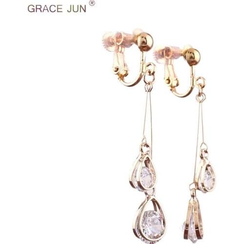 Fashion Luxury AAA Cubic Zircon Long Double Teardrop Shape Clip on Earrings and Pierced Earrings for Women Gorgeous Ornament New