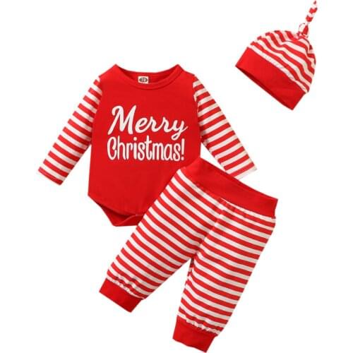 Newborn Baby Boys Girls Christmas Outfits Letter Printed Long Sleeve Romper +Striped Pants + Hat 3PCS Newborn Infant Clothes Set