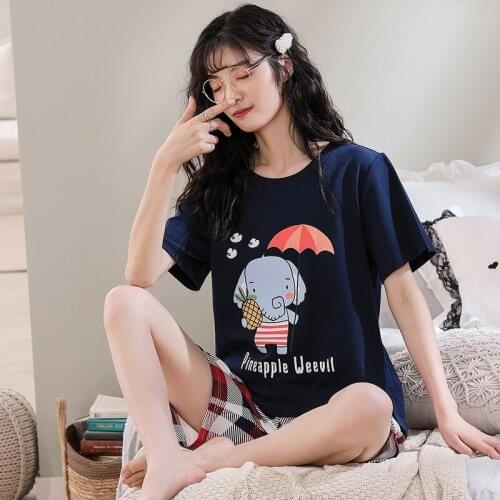 Women Homewear Set Short Sleeve Shorts Women Cartoon Pajamas 2 Piece Set Summer Cotton O-neck Pullover Sleepwear Loose Plus Size