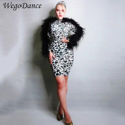 New Women Fashion Leopard Spandex Stretch Dress Birthday Party Celebrate Black Feather Dress Singer Nightclub Dance Outfit Dress