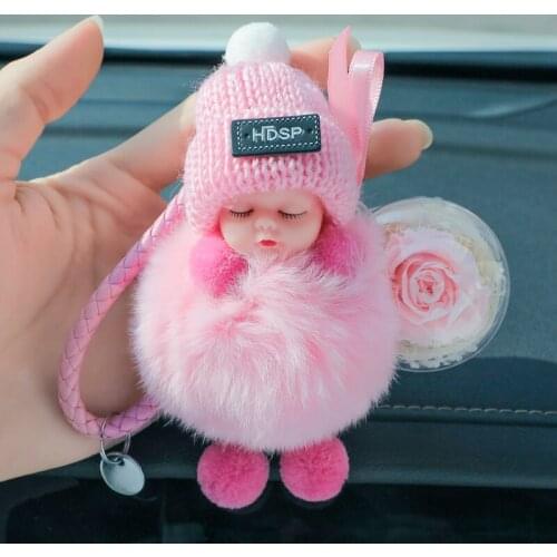 Cute Car Keychain Sleeping Baby Furry Plush Flower Key Ring Car Accessories for Girls Women Ladies Lovely Doll Bag Pendant Gift