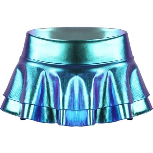 Women Sexy Low out Clubwear Shiny Metallic Low Rise Double Layered Ruffled Leotard Mini Skirt for Dance Raves Parties Costumes