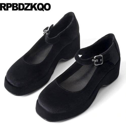 High Heels Strap Mary Jane Suede 2019 Women Platform Shoes Pumps Square Toe Footwear Retro Thick Size 4 34 Medium Vintage Black