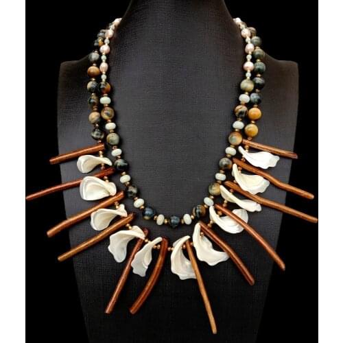 Y·YING Unique Statement Necklace Purple Baroque Pearl Tiger Eye White Shell Gold Coral Necklace 20"