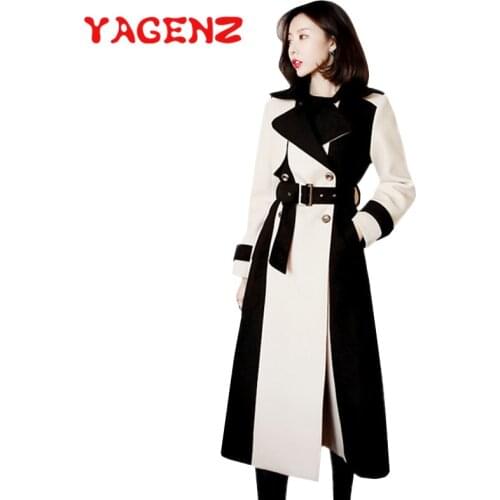 YAGENZ Long Wool Coat Women Autumn Office Lady Double-Breasted With Belted Jacket Coats Female Woolen Windbreaker Outerwear 638