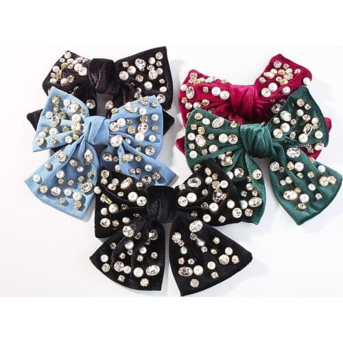 Big Bow Hairpin Female Ponytail Bowknot Top Clip Rhinestone Simulated Velvet Hairpins Solid Color Hair Accessories Women Girls