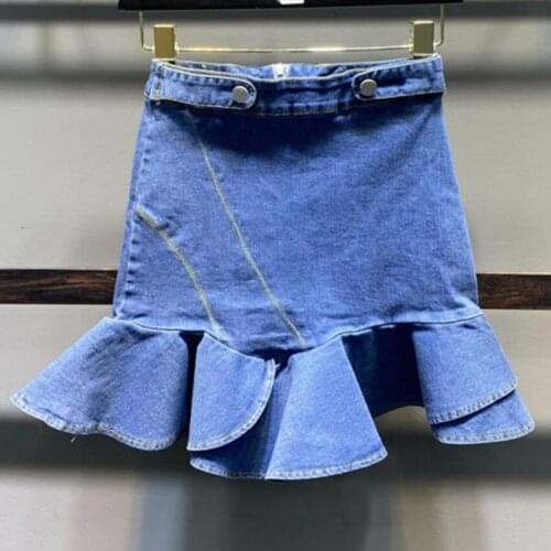 2021 summer casual ruffles denim mermaid skirt women high waist package hip elastic min skirt