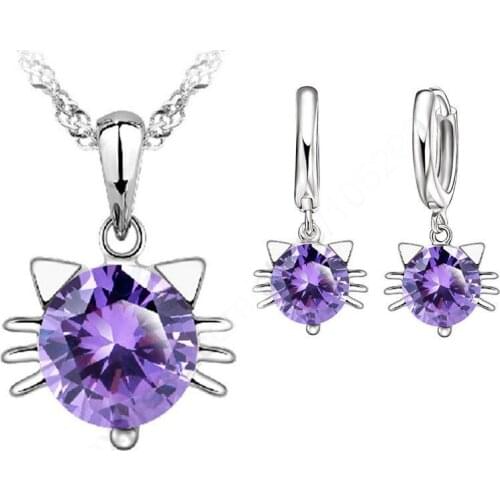 New 925 Sterling Silver Jewellery Sets Purple White Cubic Zircon Cute Cat Head Pendant Necklace Hoop Earrings Sets For Women