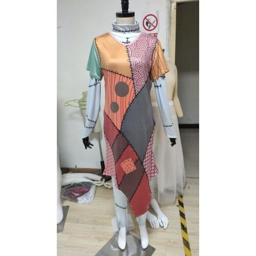 Womens girls The Nightmare Before Christmas Sally costume Halloween Cosplay costume down Ghost Bride Cosplay COSTUME