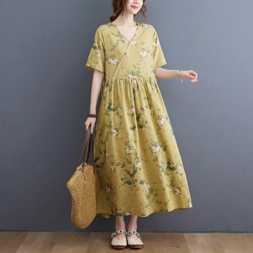 Thin Soft Cotton Sundress 2021 New Arrival Short Sleeve Loose Summer Dress Print Floral Prairie Chic Women Travel Casual Dress