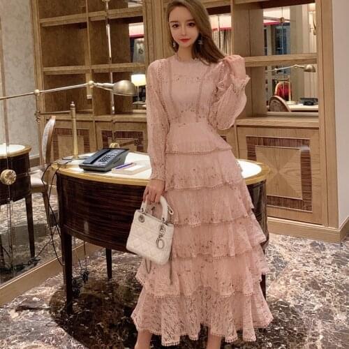 2021 High Quality Woman Lace Embroidery Maxi Dress Elegant Female Long Sleeve High Waist Patchwork Layers Ruffle Party Dresses