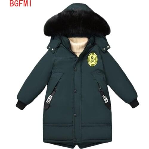 4-12Y Teens Boys Winter Cotton Long New Velvet Thick Cotton Jacket Embroidered Breast Badge with Large Fur Collar Boys Coats