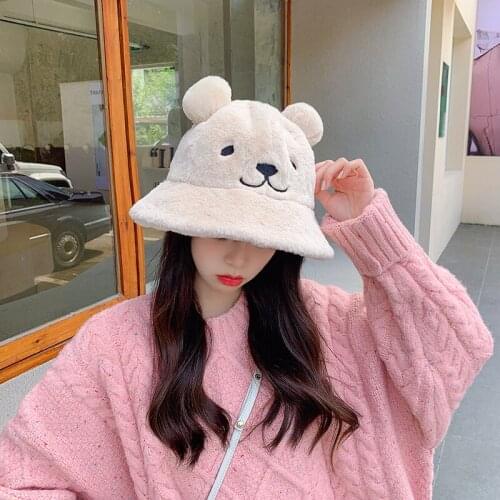 2021 Fashion Autumn women Winter Cute bear ears Fur Bucket Hat Bear Ear Ball Plush Fisherman Hat Soft Warm Thick Basin Hat