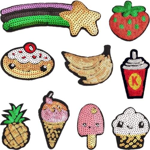 50pcs/Lot Sequined Ice Cream Fruit Embroidery Patches Letters Clothing Decoration Accessories Diy Iron Heat Transfer Applique