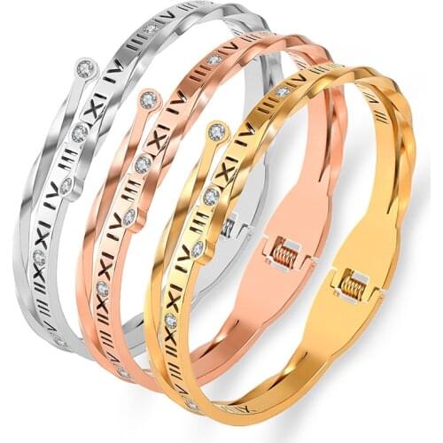 Luxury Roman Numeral Bracelet Stainless Steel Cross Zirconia Gold Bangle For Women Statement Jewelry Wedding Bijoux Lover Gift