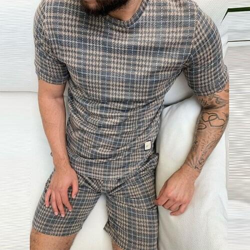 Harajuku Plaid Print Tracksuits Men Streetwear Summer Mens Casual Short Sleeve O-Neck Tee And Shorts Suits Fashion Two Piece Set