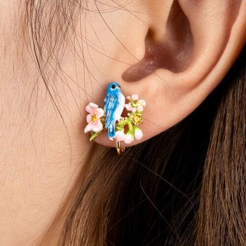 Jaeeyin 2021 New Arrivals Fashion Earrings Animal Blue Color Bird Ear Clip Pink Flower Rhinestone Ethnic Jewelry Gift For Teen
