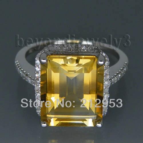 Vintage Emerald Cut 10x12mm Yellow Natural Citrine Diamond Engagement Ring, 14k White Gold Genuine Gemstone Ring For Sale R0014
