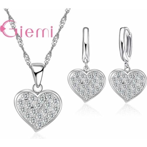 Charming Pure 925 Sterling Silver Jewelry Paved Full Africa Crystal Sparkly Heart Women Necklace Pendant Earrings Sets