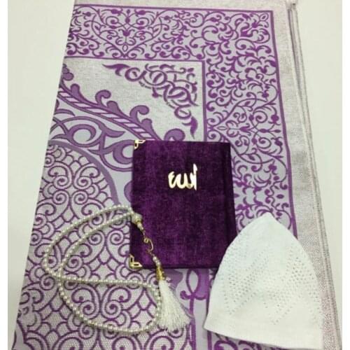 Prayer rug set 4 pieces green muslim set arabic Islam Mevlut Umrah gift Sijadat skullcap prayer rug Yasin i Sharif