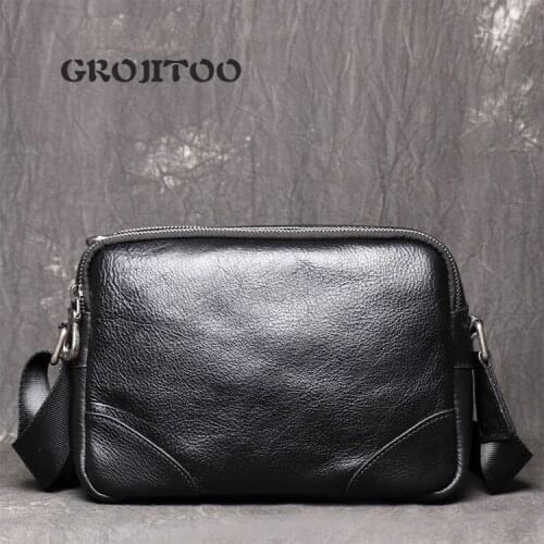 GROJITOO New mens leather shoulder bag mens head Leather Messenger Bag fashionable small square bag for man