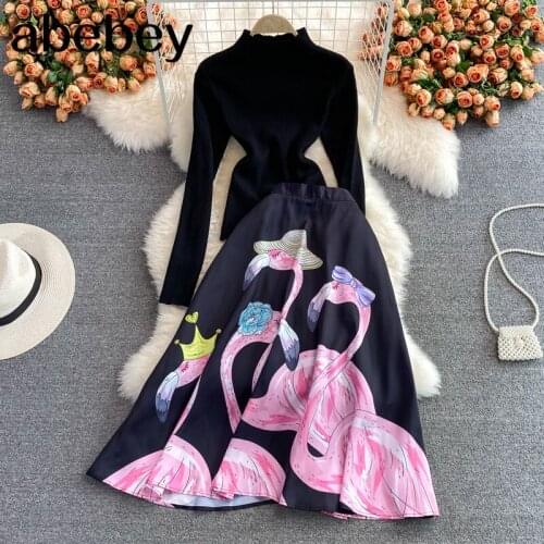 2021 New Spring Autumn Fashion high neck long sleeve knitted Pullover + high waist print mid-long A-line Dress two-piece set