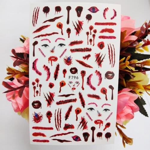 New Halloween Nail Sticker Scary Scar Blood Eyes Dagger Lips 3D Nail Art Decorations Sliders Design Manicure Accessories Tips