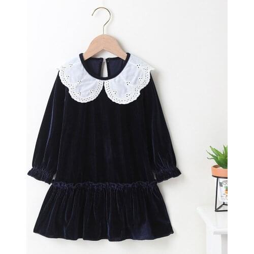 Autumn Winter 2021 New Girls Dress Long Sleeve Peter Pan Collar Dark Blue Solid Cute Sweet Girls Baby Vestidos 2-6T