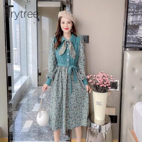 Trytree 2021 Spring Autumn Womens Dress Casual Elastic Knitted Patchwork Floral Corduroy Mid-Calf Office Lady Bow Shirt Dress