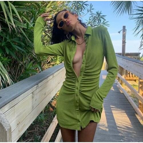 Women Turn-down Collar Green Shirt Dresses Club Party Corduroy Long Sleeve Mini Dress 2020 Fall Streetwear Holiday Clothes