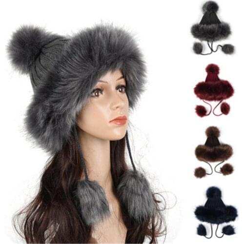 Hat Winter Women 2021 Ladies Knitted Beanie With Pom Pom Real Fur Fox Cap Female Fashion Pompon Bonnet For Women Drawstring