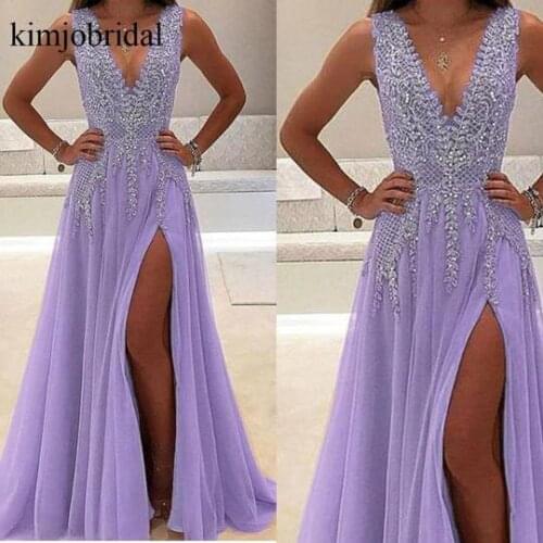 SuperKimJo Robes De Cocktail Purple Beaded Prom Dresses 2021 Vestido De Festa V Neck Sleeveless Elegant Lavender Prom Gown