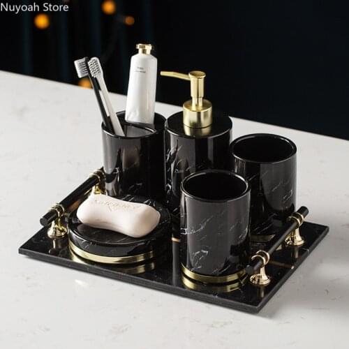 Light Luxury Modern Bathroom Toiletries Set Ceramic Marble Toothbrush Holder Mouthwash Cup Storage Combination Five-piece Set