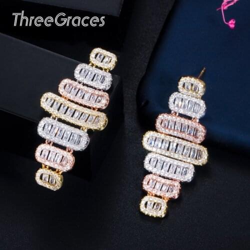 ThreeGraces Designer Popular Geometric 3 Tone Micro Pave Cubic Zirconia Big Long Drop Earring Bride Engagement Jewelry ER438