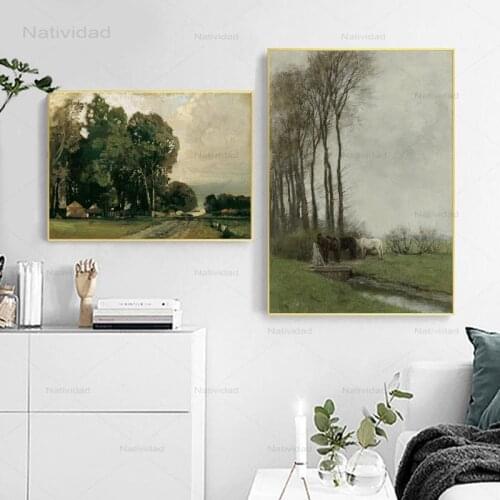 Vintage Horses Farmhouse Landscape Canvas Painting Posters and Prints Countryside View Wall Art Picture for Home Decor No Frame