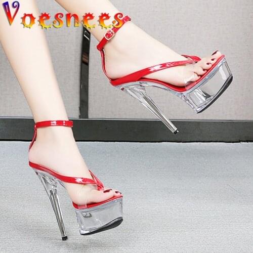 Voesnees Transparent Platforms Crystal Shoes Walking Show Stripper Flip-Flops Clear High Heel Shoes Summer 15CM Stiletto Sandals