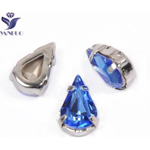 YANRUO 4300 All Sizes Sapphire Pear Shaped Sewing Crystals Strass Fancy Stones Point Back Blue Rhinestones For Crafts
