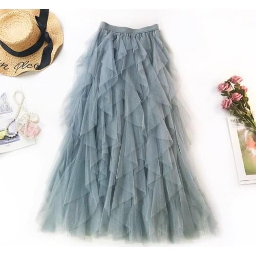 Fashion Tutu Tulle Skirt Women Long Maxi Skirt 2021 Spring Summer Korean Black Pink High Waist Pleated Skirt Female