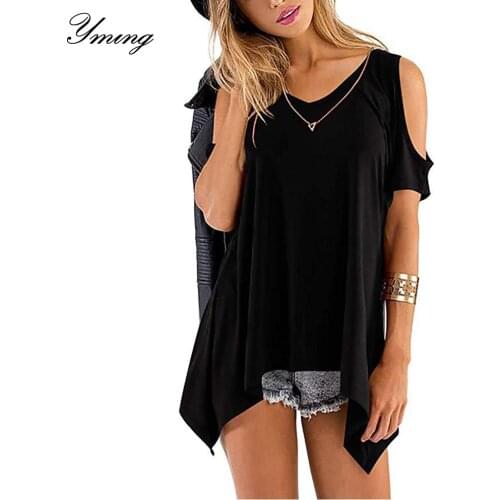 YMING Womens V-neck Shirt Off-the-shoulder Short Sleeve Irregular Hem Womens T-Shirt Solid Color Short Sleeve Pullover