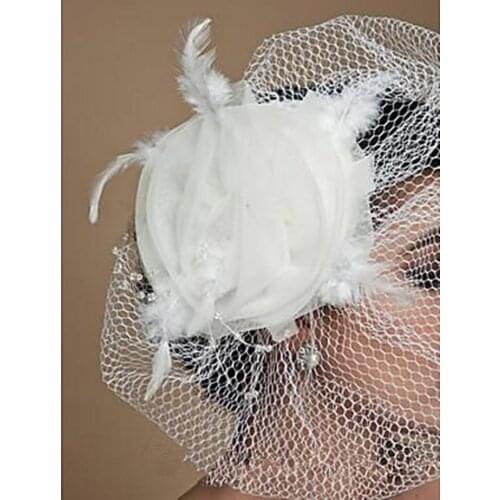 In Stock Wedding Bridal Veils Cheapest Netting with Beading/ Feathers Banquest Party Bride Blusher Veils Headpiece