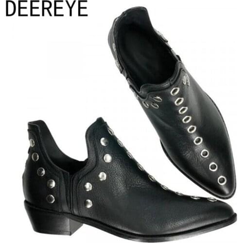 Fashion PU Women Ankle Booties Retro Rivet Slip On Plush Chunky Low Heel Pointed Toe Single Bullock Shoes Footwear Size 34-43