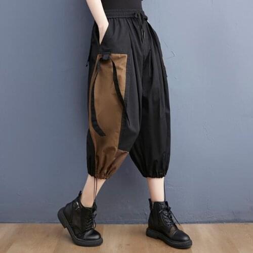2021 New Arrival Summer Korean Style Women Loose Casual Calf-length Pants Elastic Waist Patchwork Harem Pants W479
