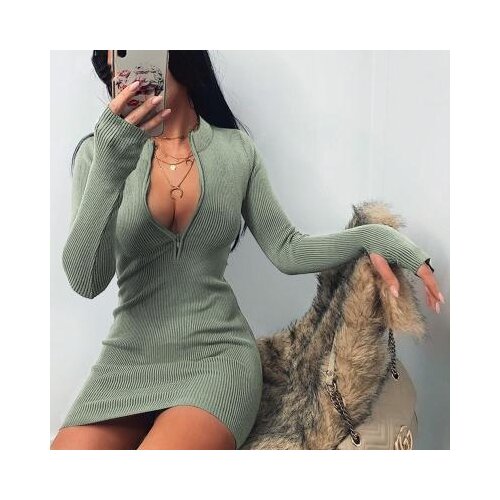 Women Rib Stretch Dress Stand Collar Long Sleeve Zipper Deep V-neck Solid Stretch Bodycon Pencil Party Mini Vestido Plus Size5XL