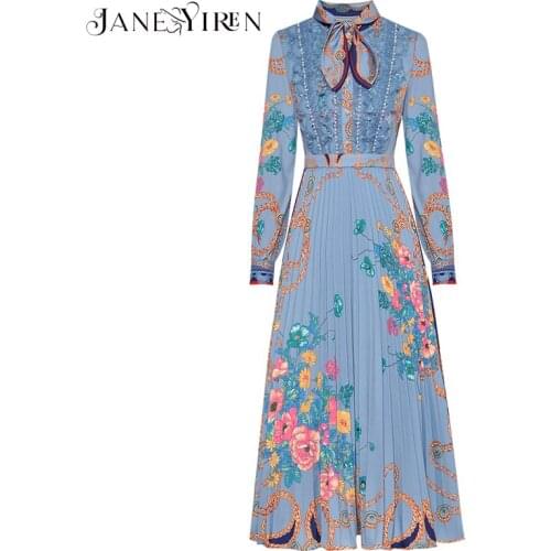 Janeyiren Fashion Designer dress Spring Autumn Womens Dress Long sleeve Bow collar Lace Pearl Print Vintage Dresses