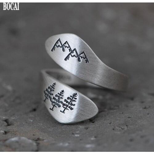 BOCAI new real S925 pure silver retro fashion mountain peaks trees patterns ring for women open adjustable women ring